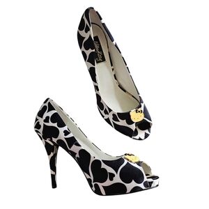 Y2k Hello Kitty Black and White Heart Patterned Peep Toe Heels Womens Size 8.5